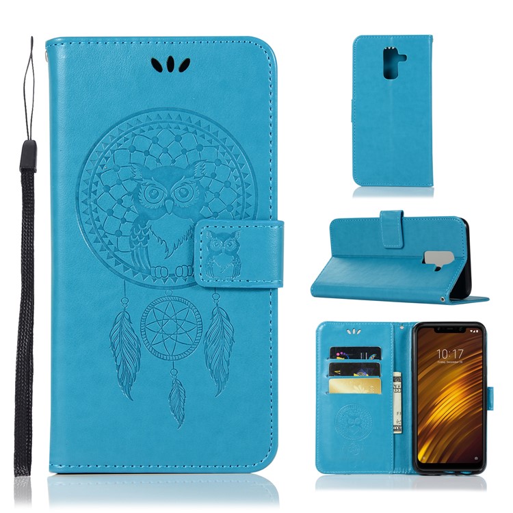Impressum Eule Traumfänger PU Leder Handyhülle Mit Ständer Für Xiaomi Pocophone F1 / Poco F1 (Indien) - Blau-1