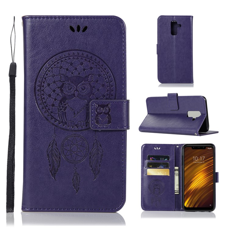 Imprint Owl Dream Catcher Wallet Leather Magnetic Mobile Casing for Xiaomi Pocophone F1 / Poco F1 (India) - Purple-1