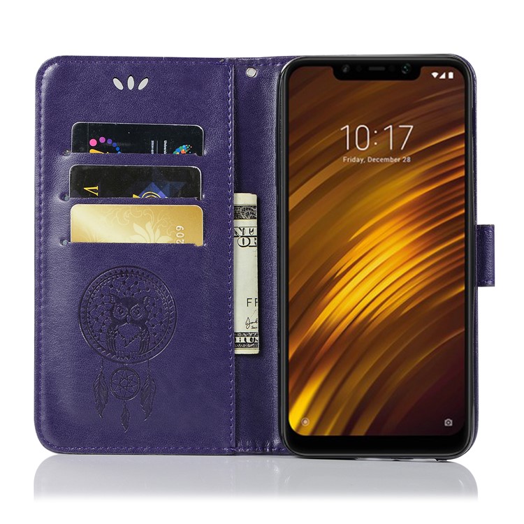 Imprint Owl Dream Catcher Wallet Leather Magnetic Mobile Casing for Xiaomi Pocophone F1 / Poco F1 (India) - Purple-3