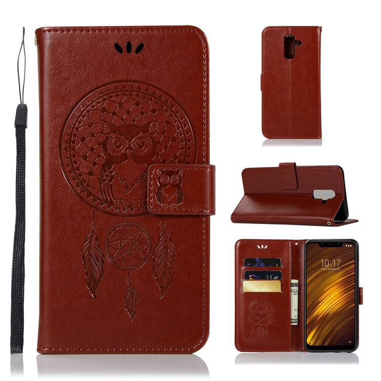 Imprint Owl Dream Catcher Wallet Stand Leather Cellphone Case for Xiaomi Pocophone F1 / Poco F1 (India) - Brown-1