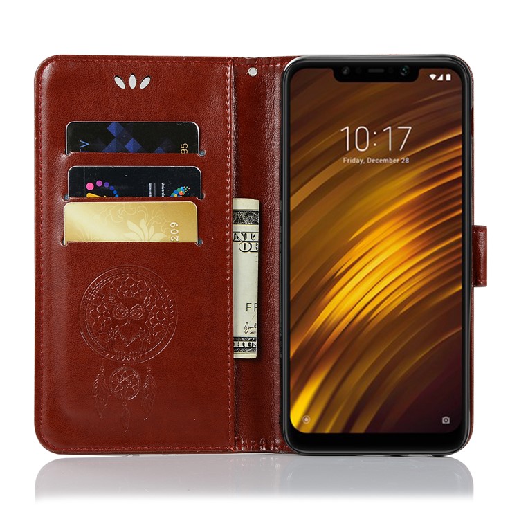 Imprint Owl Dream Catcher Wallet Stand Leather Cellphone Case for Xiaomi Pocophone F1 / Poco F1 (India) - Brown-3