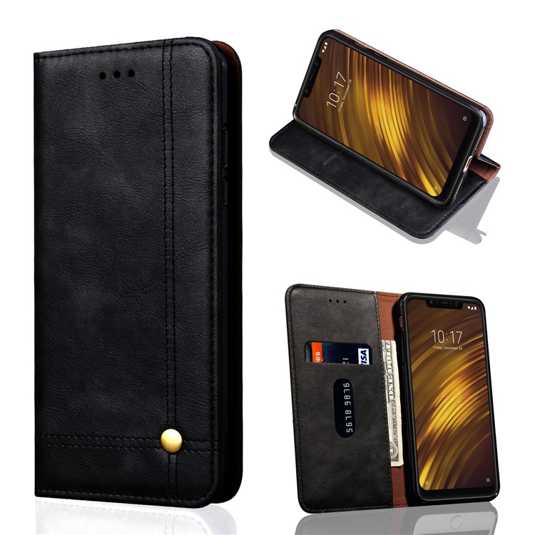 Auto-absorbed Crazy Horse Vintage Leather Wallet Case for Xiaomi Pocophone F1 / Poco F1 (India) - Black-2
