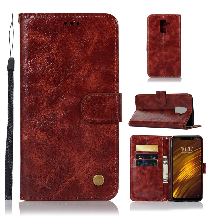 Premium Vintage PU Leather Protector Case with Stand for Xiaomi Pocophone F1 / Poco F1 (India) - Wine Red-1