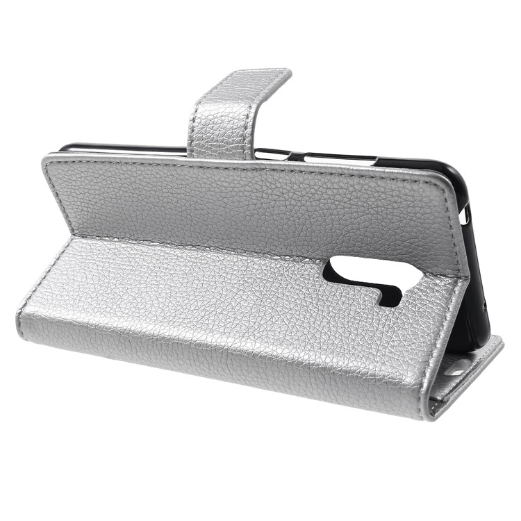 Litchi Skin Leather Wallet Stand Shell for Xiaomi Pocophone F1 / Poco F1 (India) - Silver-4