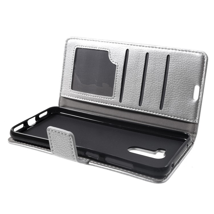 Litchi Skin Leather Wallet Stand Shell for Xiaomi Pocophone F1 / Poco F1 (India) - Silver-5
