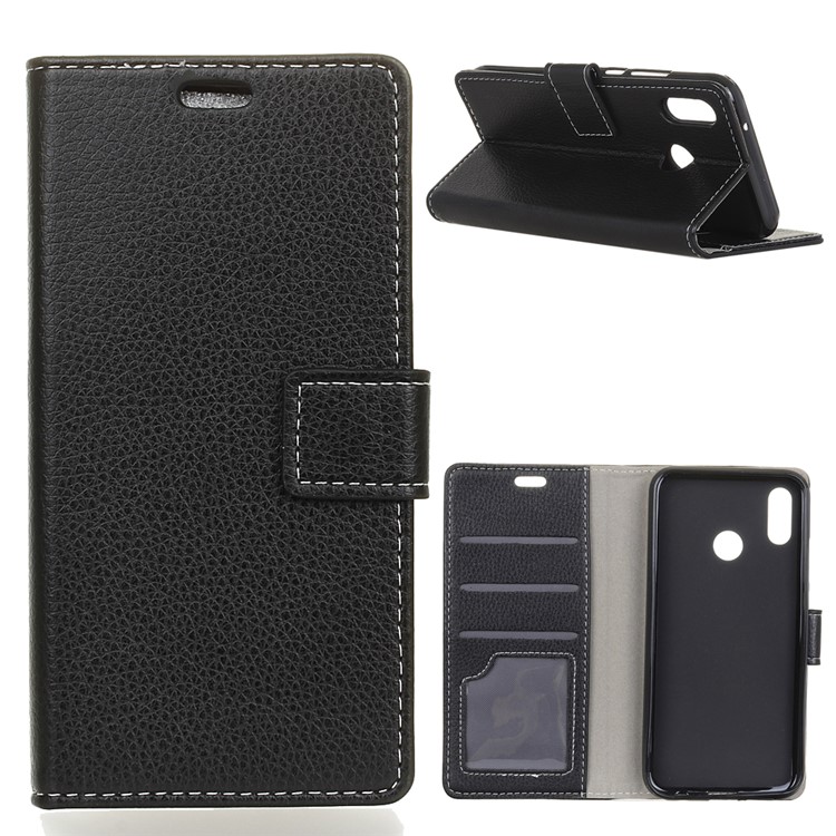 Litchi Texture Wallet Stand Leather Cell Phone Case for Xiaomi Redmi Note 6 Pro - Black-1