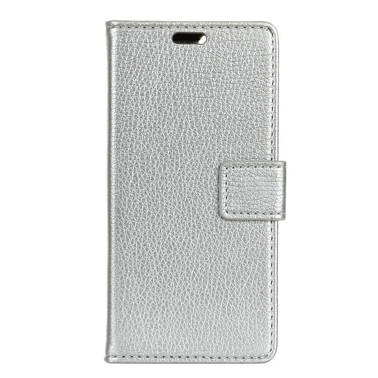 Litchi Texture Leather Phone Shell with Wallet Stand for Xiaomi Redmi Note 6 Pro- Silver-1