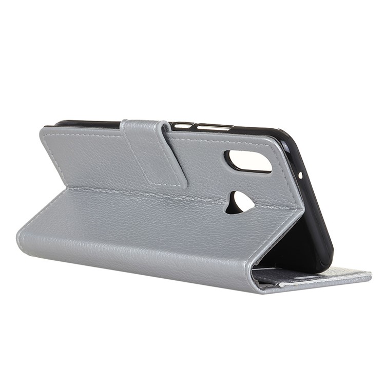 Litchi Texture Leather Phone Shell with Wallet Stand for Xiaomi Redmi Note 6 Pro- Silver-4