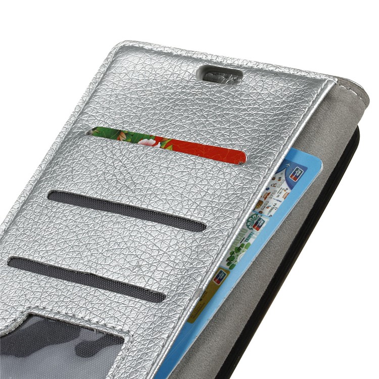 Litchi Texture Leather Phone Shell with Wallet Stand for Xiaomi Redmi Note 6 Pro- Silver-5