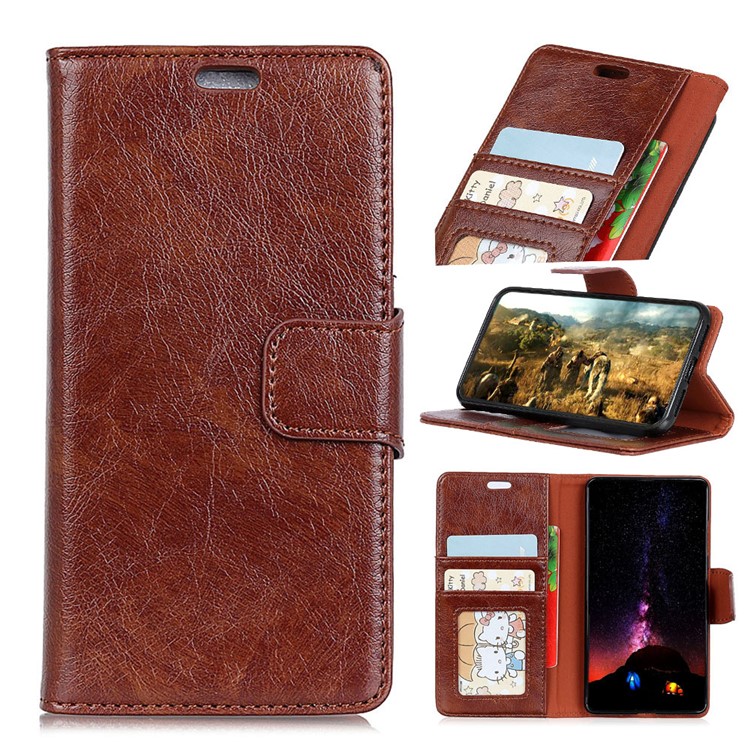 Textured Split Leather Wallet Stand Phone Casing for Xiaomi Pocophone F1 / Poco F1 (India) - Brown-1