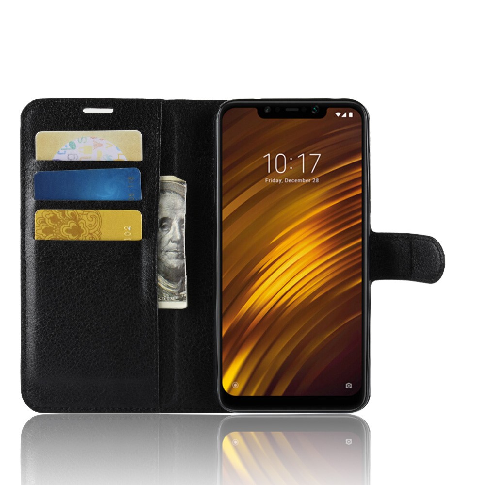 Para Xiaomi Pocophone F1 / Poco F1 (índia) Case Litchi Grain Leather Case (suporte e Carteira) - Preto