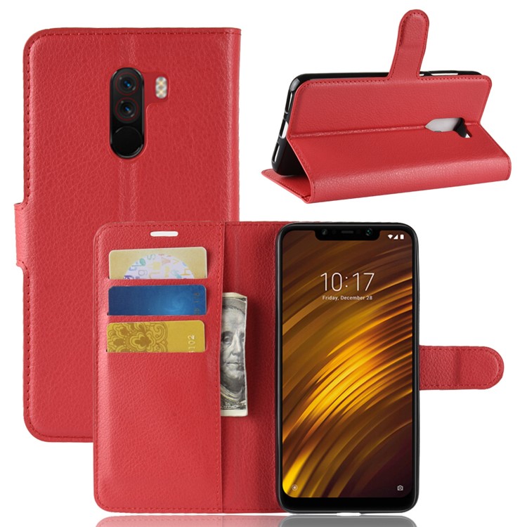 For Xiaomi Pocophone F1 / Poco F1 (India) Shell Litchi Grain Leather Case (Stand and Wallet) - Red-1