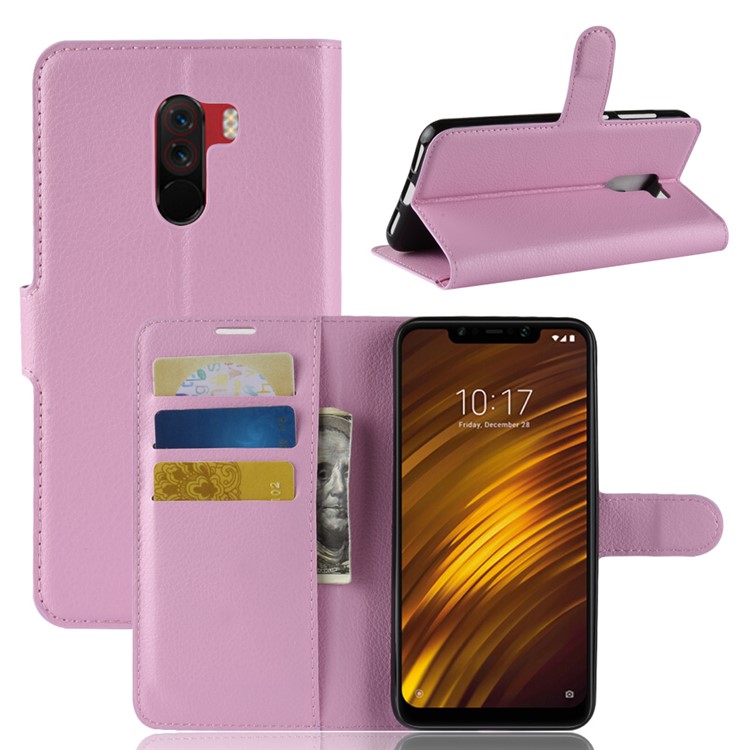 For Xiaomi Pocophone F1 / Poco F1 (India) Mobile Cover Litchi Grain Leather Case (Stand and Wallet) - Pink-1