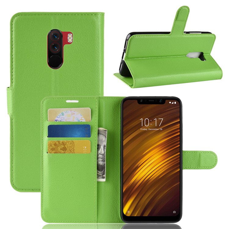 For Xiaomi Pocophone F1 / Poco F1 (India) Cell Phone Case Litchi Grain Leather Case (Stand and Wallet) - Green-1