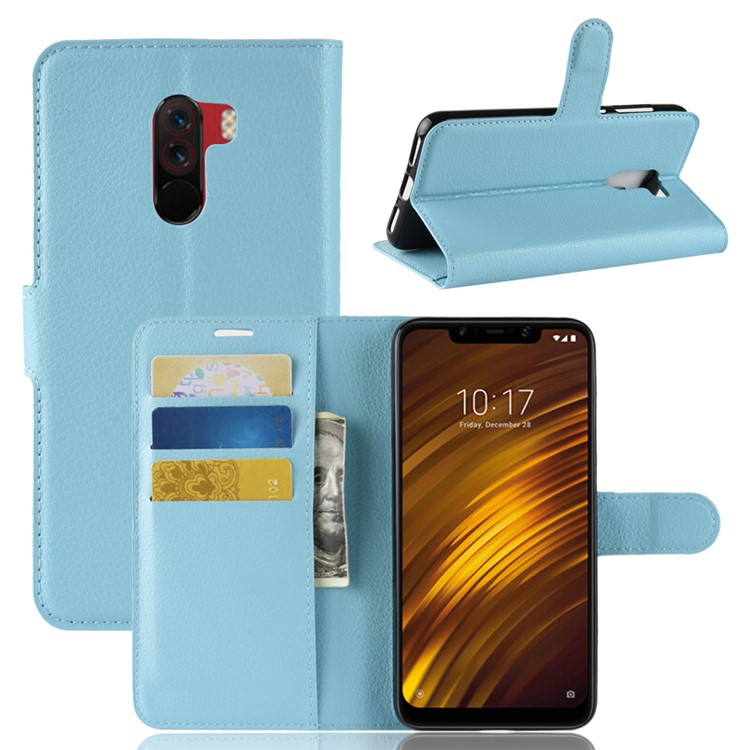 For Xiaomi Pocophone F1 / Poco F1 (India) Protective Casing Litchi Grain Leather Case (Stand and Wallet) - Blue-1