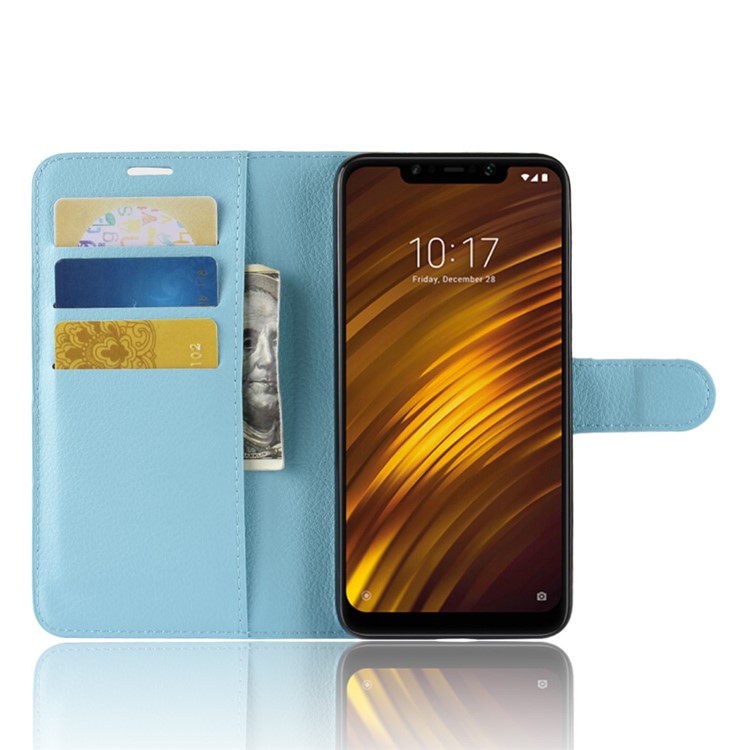 For Xiaomi Pocophone F1 / Poco F1 (India) Protective Casing Litchi Grain Leather Case (Stand and Wallet) - Blue-4