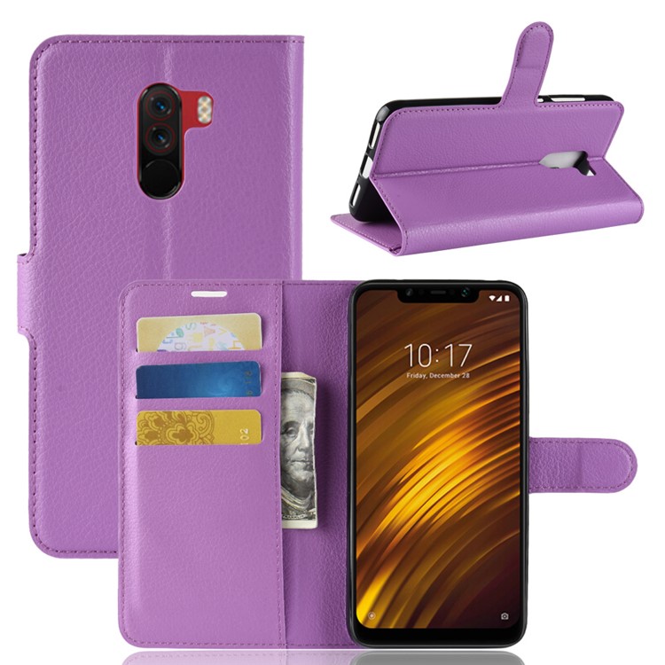 For Xiaomi Pocophone F1 / Poco F1 (India) Mobile Cover Litchi Grain Leather Case (Stand and Wallet) - Purple-1