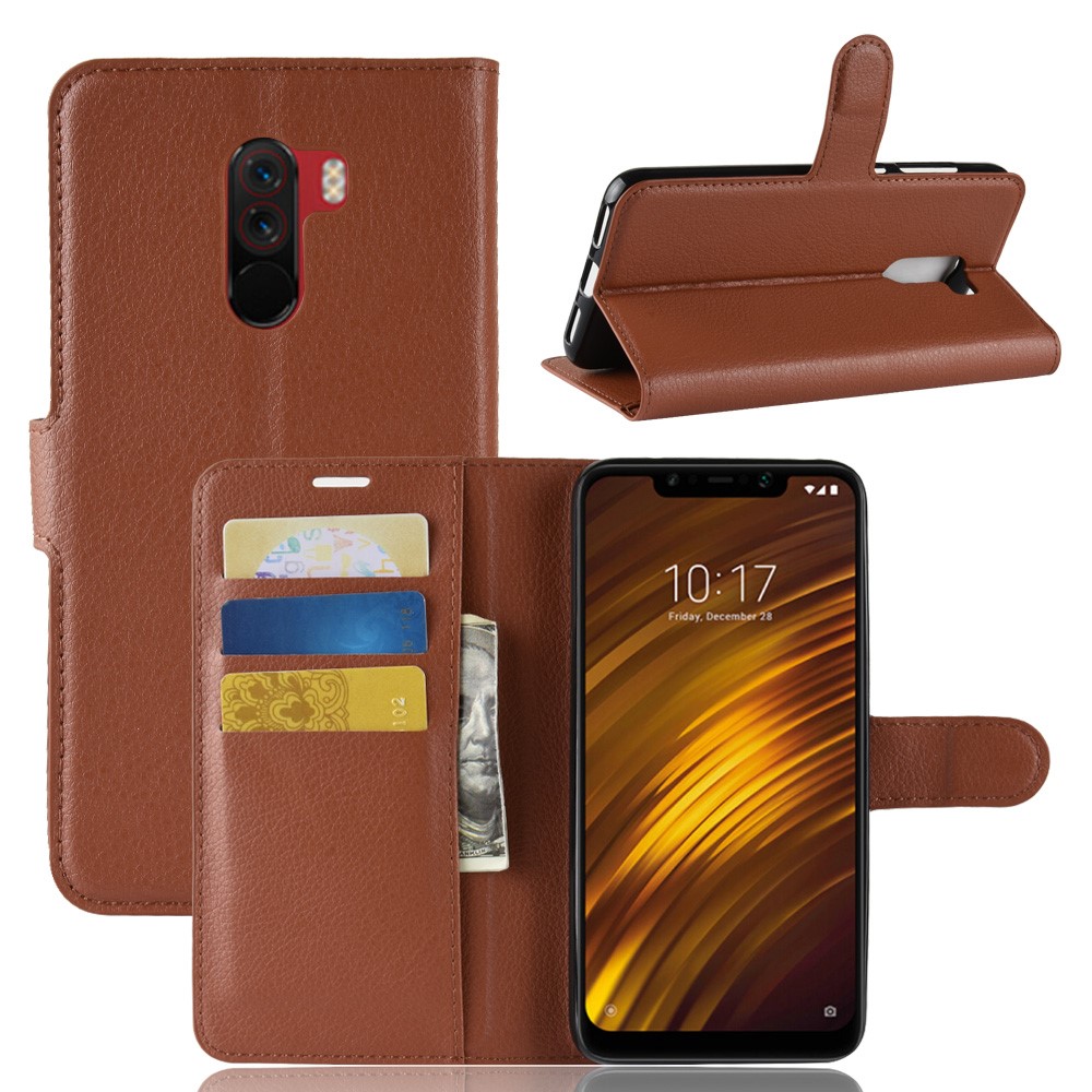 For Xiaomi Pocophone F1 / Poco F1 (India) Shell Casing Litchi Grain Leather Case (Stand and Wallet) - Brown-1