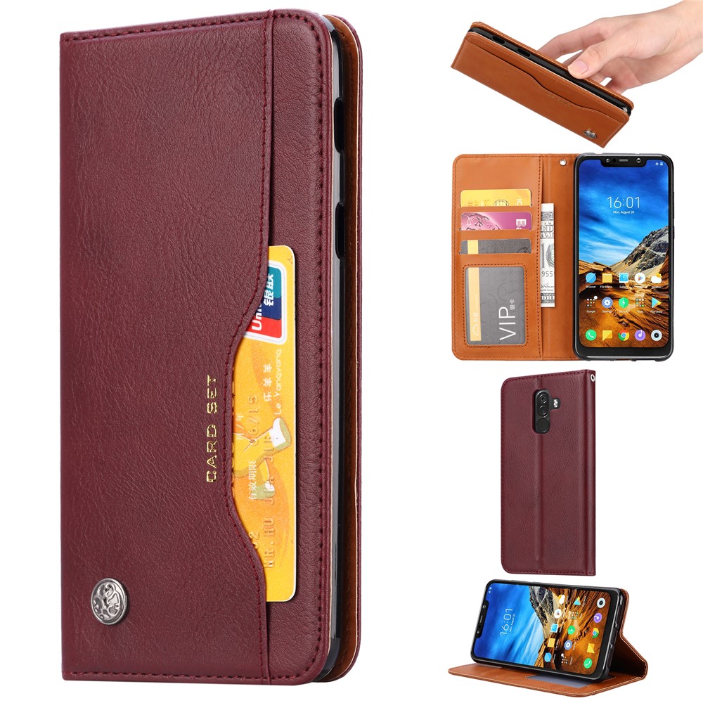 Auto-absorbed Leather Stand Wallet Cellphone Case with Card Slots for Xiaomi Pocophone F1 / Poco F1 (India) - Wine Red-1