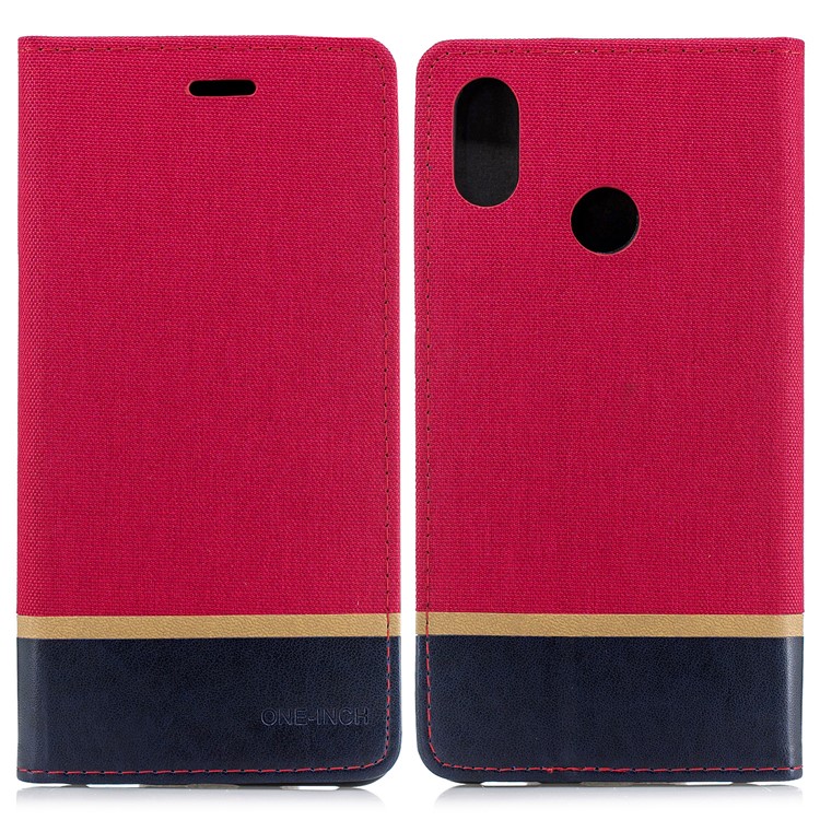 For Xiaomi Mi Max 3 Cloth Texture Splicing PU Leather Phone Cover with Card Holder - Red-1