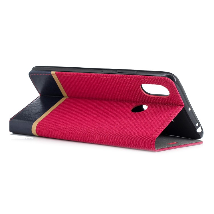 For Xiaomi Mi Max 3 Cloth Texture Splicing PU Leather Phone Cover with Card Holder - Red-4