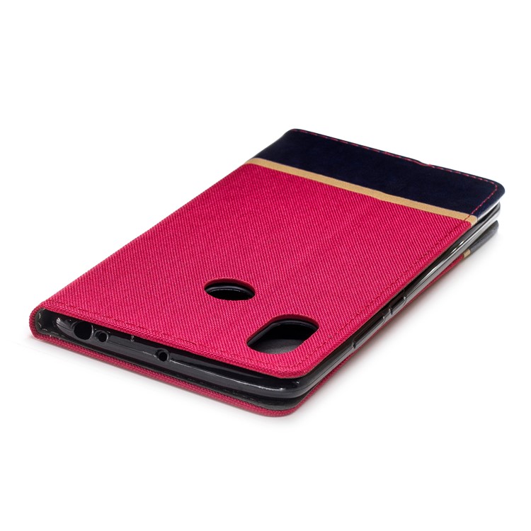 For Xiaomi Mi Max 3 Cloth Texture Splicing PU Leather Phone Cover with Card Holder - Red-7
