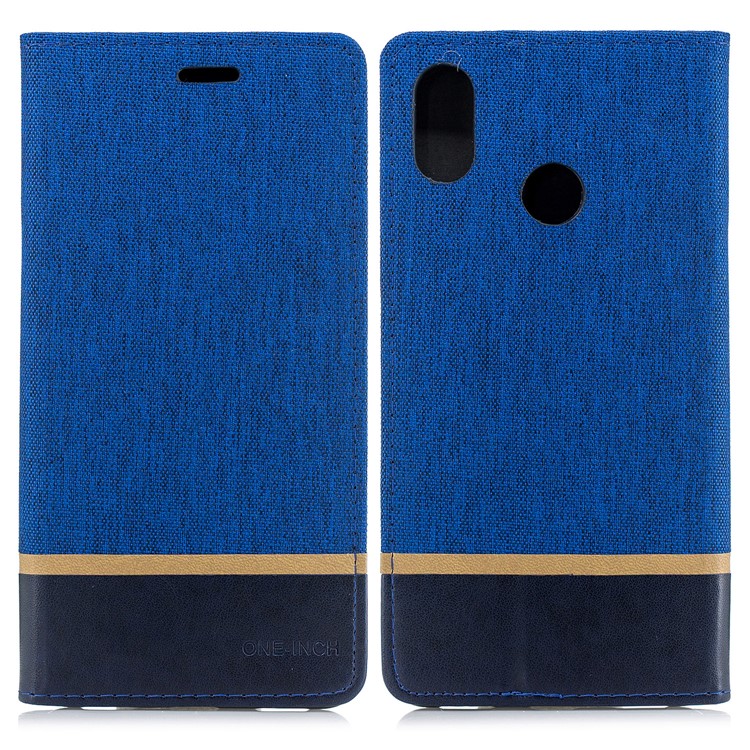 For Xiaomi Mi Max 3 Cloth Texture Splicing PU Leather Phone Shell with Card Holder - Blue-1