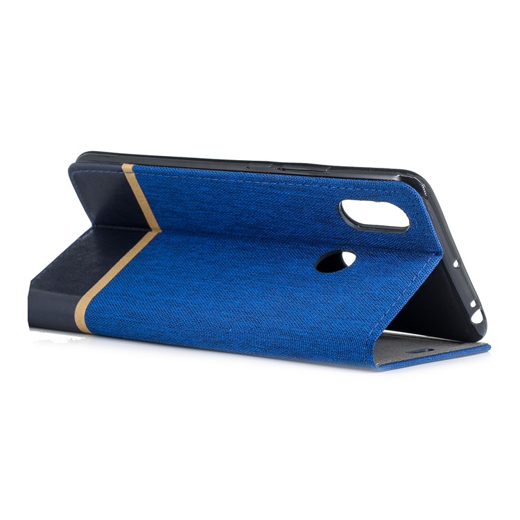 For Xiaomi Mi Max 3 Cloth Texture Splicing PU Leather Phone Shell with Card Holder - Blue-4