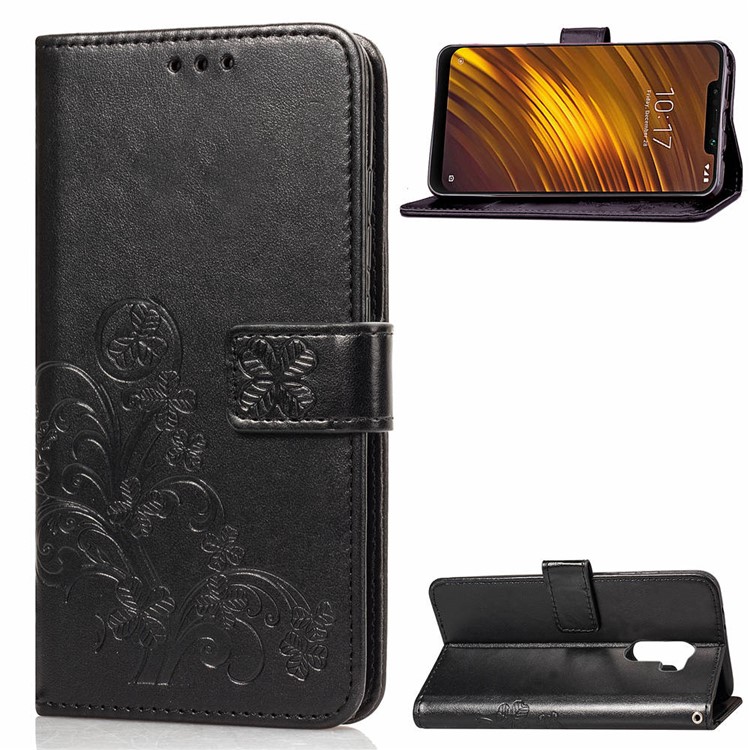 Imprint Clover Pattern Leather Wallet Stand Phone Casing for Xiaomi Pocophone F1/Poco F1 (India) - Black-1