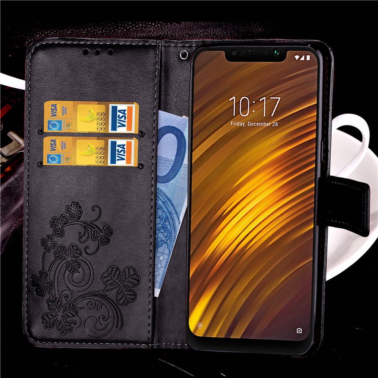Imprint Clover Pattern Leather Wallet Stand Phone Casing for Xiaomi Pocophone F1/Poco F1 (India) - Black-9