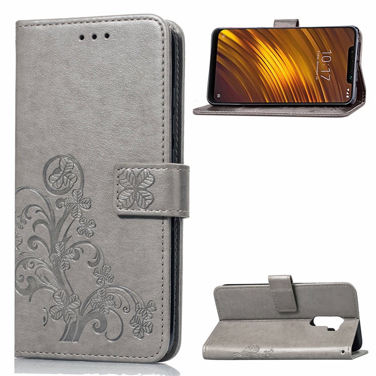 Imprint Clover Pattern Leather Wallet Stand Cover for Xiaomi Pocophone F1/Poco F1 (India) - Grey-1
