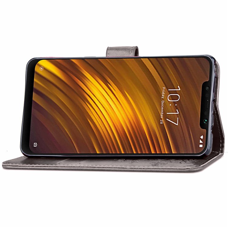 Imprint Clover Pattern Leather Wallet Stand Cover for Xiaomi Pocophone F1/Poco F1 (India) - Grey-5