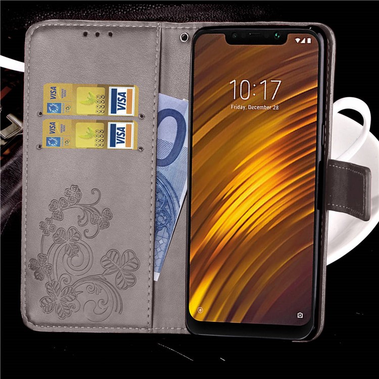 Imprint Clover Pattern Leather Wallet Stand Cover for Xiaomi Pocophone F1/Poco F1 (India) - Grey-9