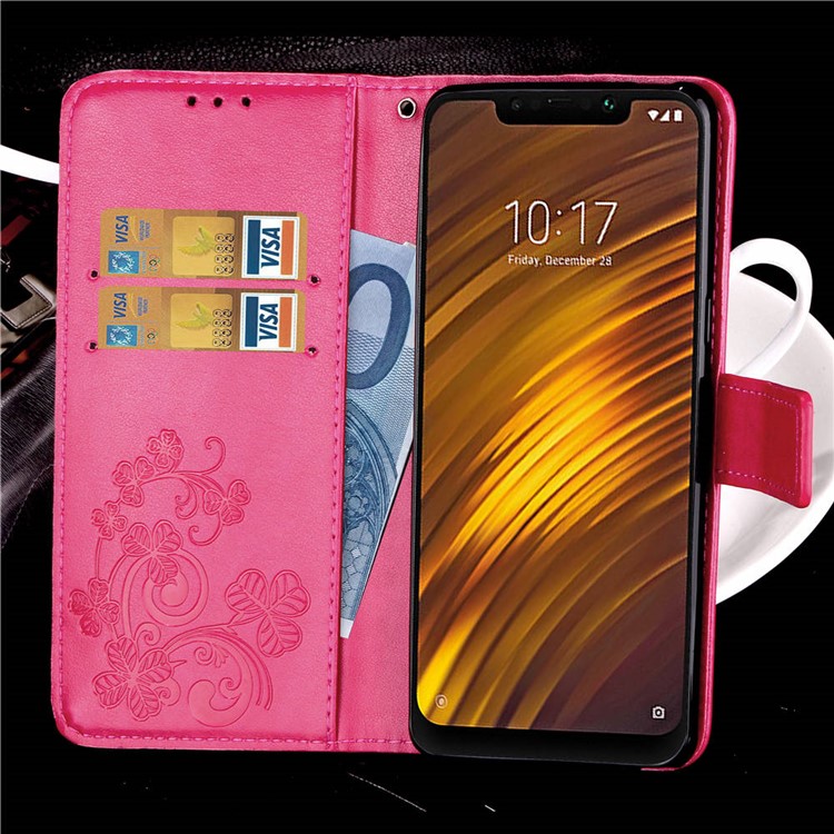 Imprint Clover Pattern Leather Wallet Stand Shell for Xiaomi Pocophone F1/Poco F1 (India) - Rose-9