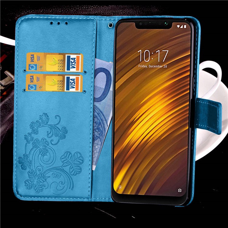 Imprint Clover Pattern Leather Wallet Protective Case for Xiaomi Pocophone F1/Poco F1 (India) - Blue-9
