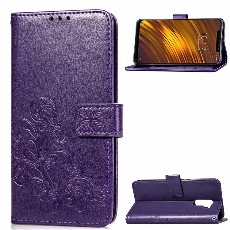 Imprint Clover Pattern Leather Wallet Stand Phone Cover for Xiaomi Pocophone F1/Poco F1 (India) - Purple-1
