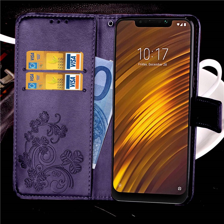 Imprint Clover Pattern Leather Wallet Stand Phone Cover for Xiaomi Pocophone F1/Poco F1 (India) - Purple-9