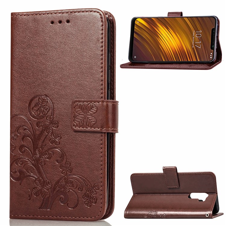 Imprint Clover Pattern Leather Wallet Stand Mobile Case for Xiaomi Pocophone F1/Poco F1 (India) - Brown-1