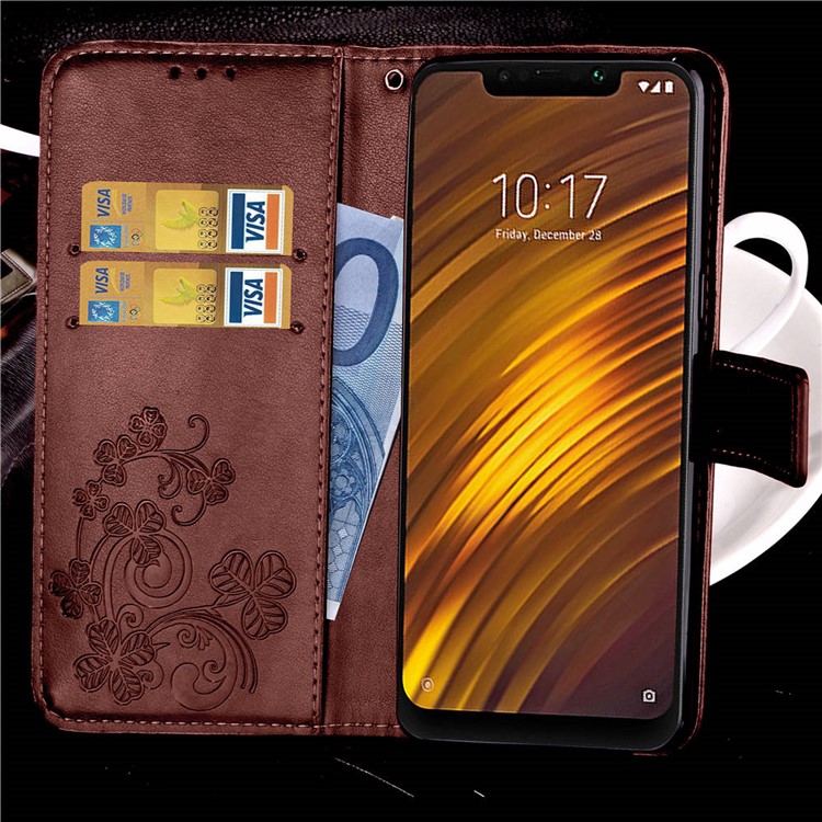 Imprint Clover Pattern Leather Wallet Stand Mobile Case for Xiaomi Pocophone F1/Poco F1 (India) - Brown-9