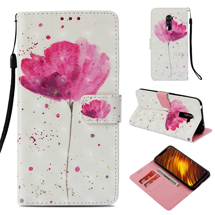 Pattern Printing PU Leather Wallet Casing for Xiaomi Pocophone F1 / Poco F1 (India) - Vivid Pink Flower-1