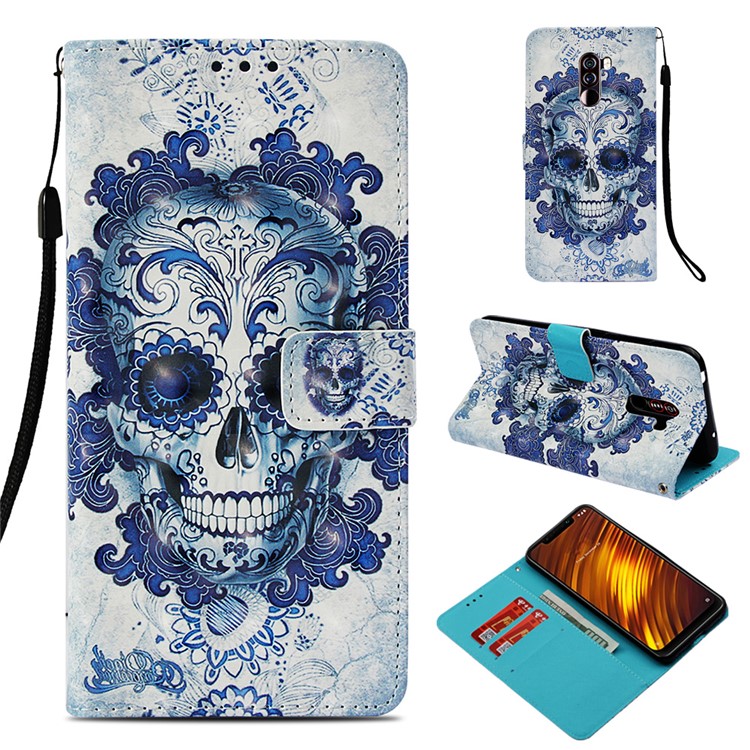 Pattern Printing PU Leather Wallet Case for Xiaomi Pocophone F1 / Poco F1 (India) - Blue Skull and Flowers-1