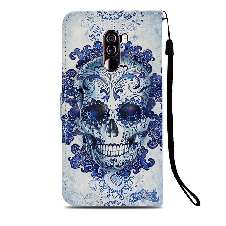 Pattern Printing PU Leather Wallet Case for Xiaomi Pocophone F1 / Poco F1 (India) - Blue Skull and Flowers-3