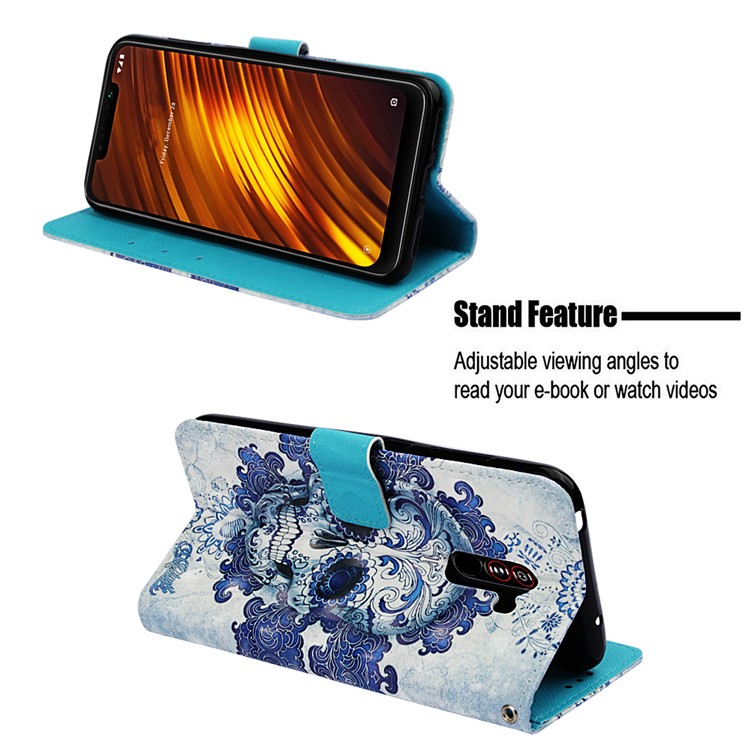 Pattern Printing PU Leather Wallet Case for Xiaomi Pocophone F1 / Poco F1 (India) - Blue Skull and Flowers-4