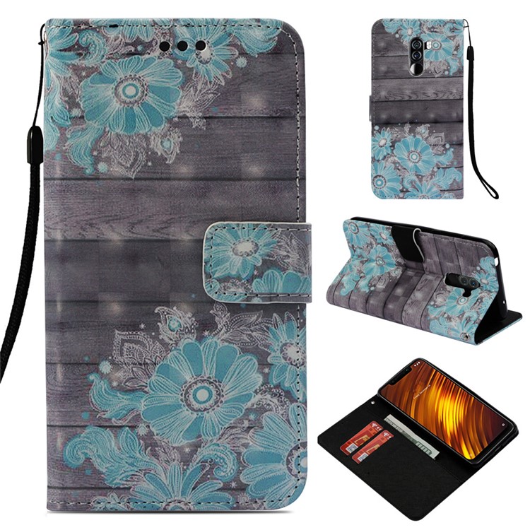 Pattern Printing PU Leather Wallet Cellphone Case for Xiaomi Pocophone F1 / Poco F1 (India) - Blue Flowers-1
