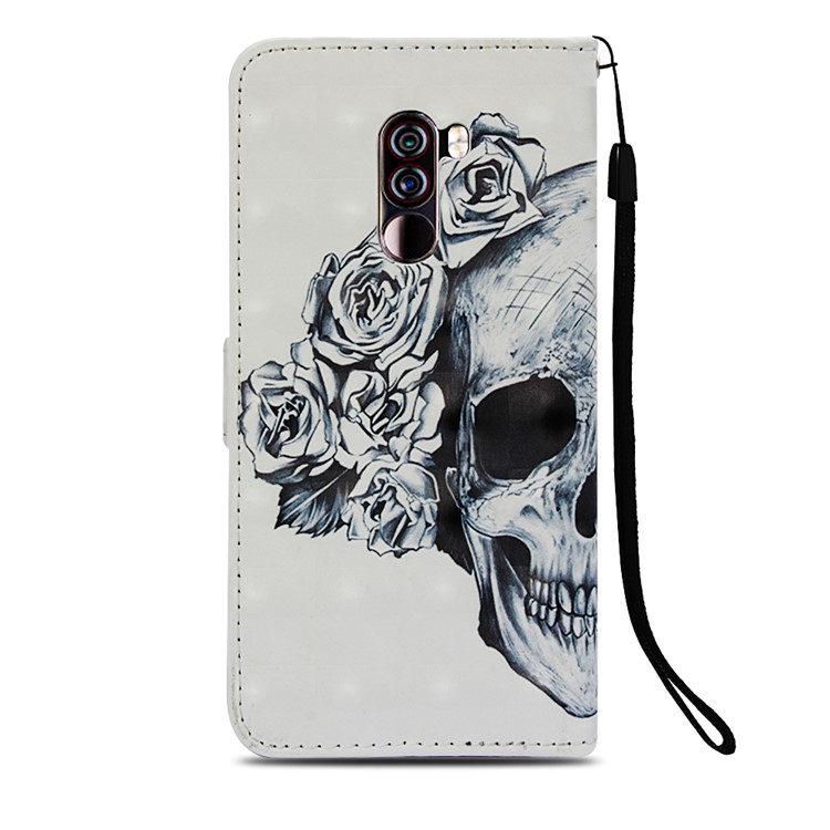 Pattern Printing PU Leather Wallet Cellphone Cover Case for Xiaomi Pocophone F1 / Poco F1 (India) - Grey Skull and Flowers-3