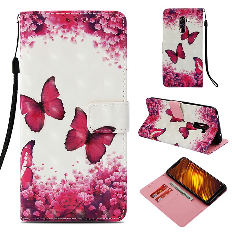 Pattern Printing PU Leather Wallet Accessory Cover for Xiaomi Pocophone F1 / Poco F1 (India) - Red Butterflies and Flowers-1