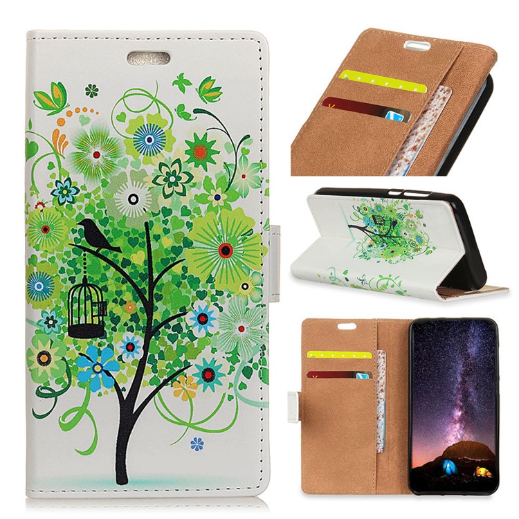 For Xiaomi Pocophone F1 / Poco F1 (India) Patterned PU Leather Phone Cover (Wallet and Stand) - Green Flower Tree-1