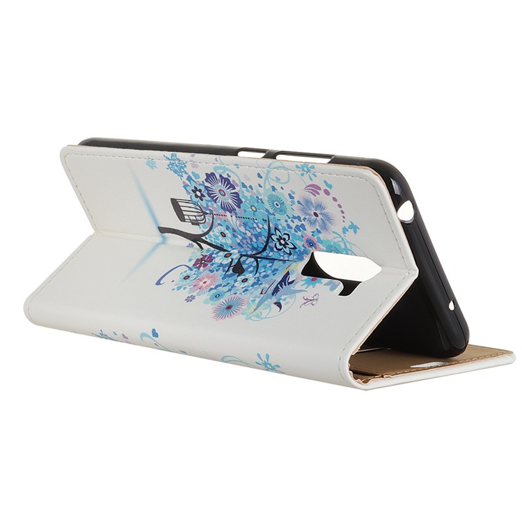 For Xiaomi Pocophone F1 / Poco F1 (India) Patterned PU Leather Protection Case (Wallet and Stand) - Blue Flowers Tree Birdcage-6