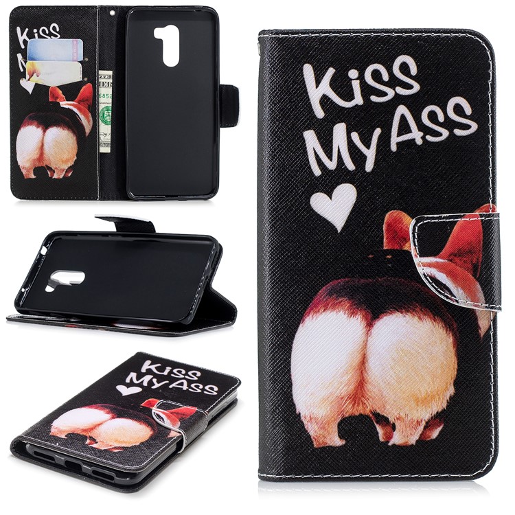 For Xiaomi Pocophone F1 / Poco F1 (India) Pattern Printing PU Leather Stand Phone Cover Shell - Kiss My Ass-1