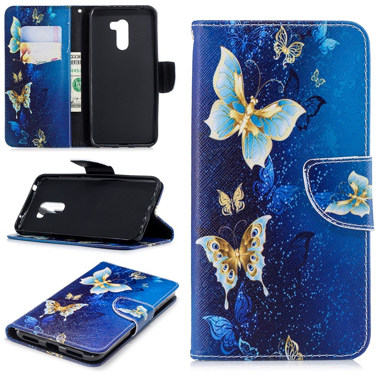 For Xiaomi Pocophone F1 / Poco F1 (India) Patterned PU Leather Wallet Stand Flip Case Cover with Card Holders - Blue Butterflies-1